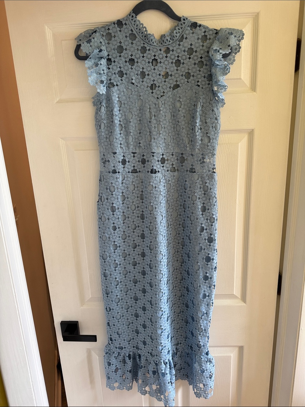 NEW Just Me Powder Blue Lace Midi Dress with Ruffled Sleeves